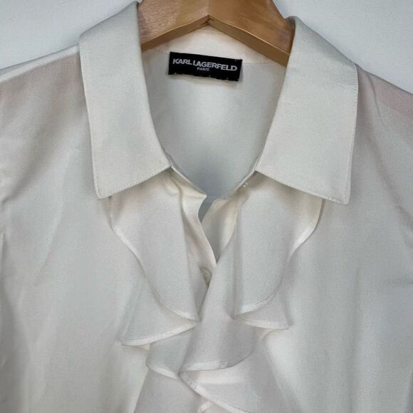Karl Lagerfeld Top Blouse Shirt Paris Ruffle White Button Up Collared size M - Picture 3 of 10